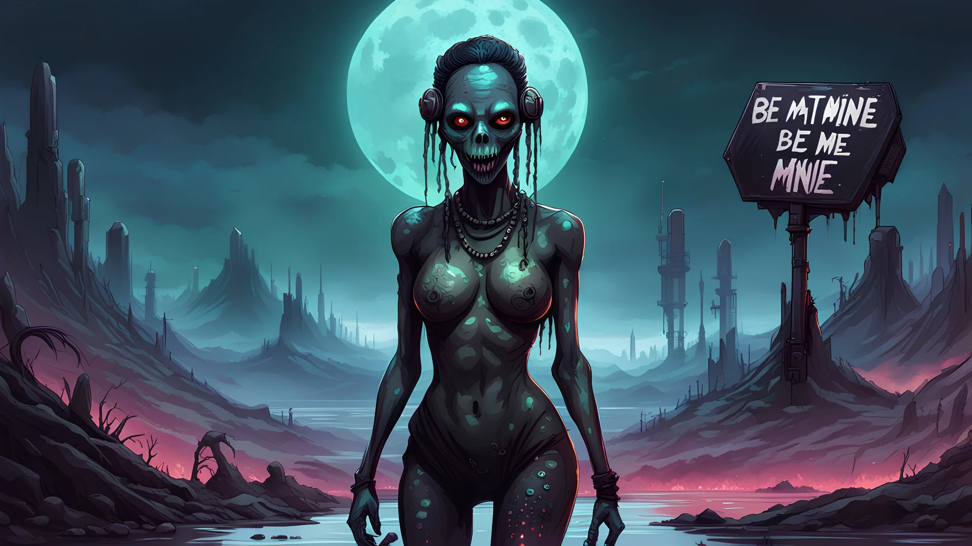 A gritty, full-body shot of an insatiably evil black opal iridescent pearlescent dark cyberpunk female zombie alien with a sign that says BE MINE in a surreal landscape, with sharp ivory teeth, macabre, Dariusz Zawadzki art style, liminal spaces, horror art, dark gaming background, wet, glossy, horror art, trypophobia, eerie, intricate details, HDR, beautifully shot, hyperrealistic, sharp focus, back lit, 64 megapixels, perfect composition, high contrast, cinematic