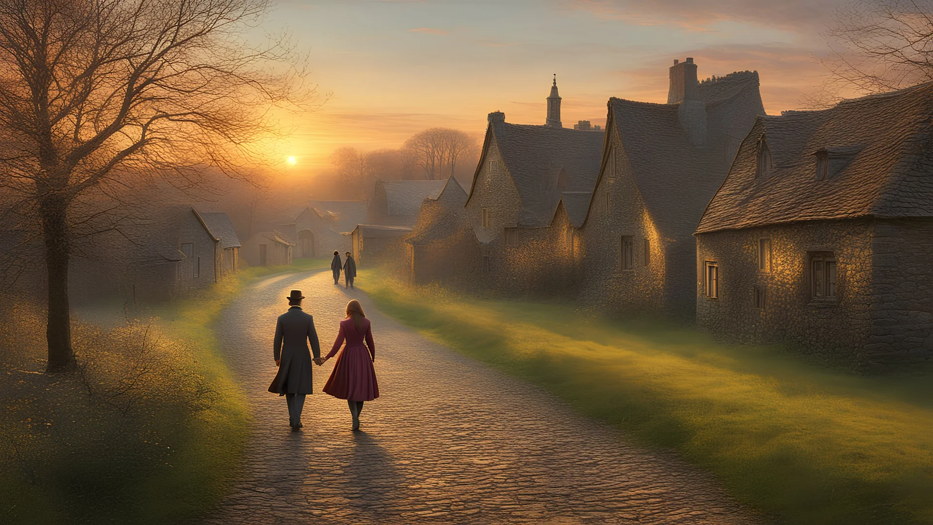 Romantic man and woman arm-in-arm, walking close together through a lonely rural village at sunset, beautiful composition, lovely colors, 1640, romantic, engaging, loving, style John Atkinson Grimshaw, Ultra Realism, Complex Details, Intricate Details, 16k, HDR, High Quality, Trending On Artstation, Sharp Focus, Studio Photo, Intricate Details, Highly Detailed