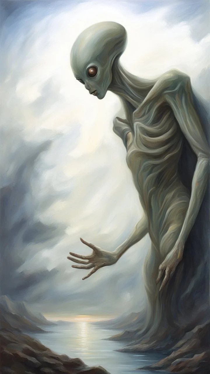 oil painting, Believing the strangest things, loving the alien And your prayers they break the sky in two