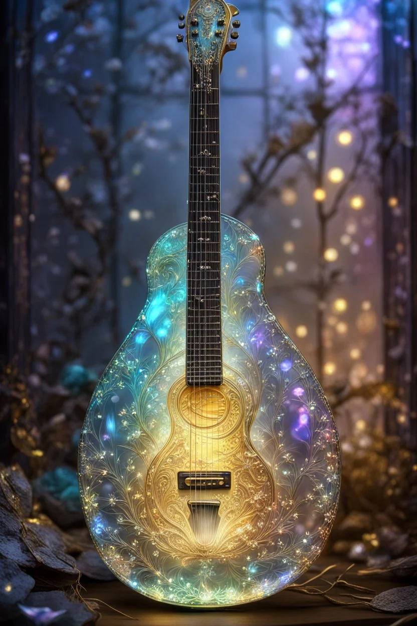 extremely delicate iridescent Guitar made of glass, sitting, video game style, translucent, tiny golden accents, beautifully and intricately detailed, ethereal glow, whimsical, art by Mschiffer, best quality, glass art, magical holographic glow\\n, Broken Glass effect, no background, stunning