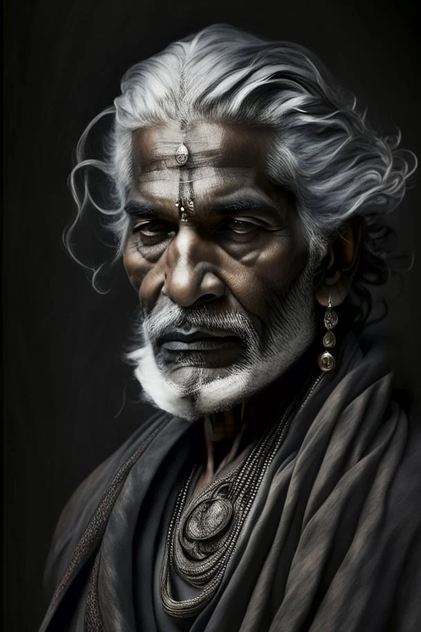 a photo of an Hindu man with ethnic jewelry, grey hair and grey flowing robe, in style of Annie Leibovitz, contemporary portrait of a mature yet beautiful and modernist man, black and grey, detailed masculine face, swirling fluid smokey enigma, award-winning artwork