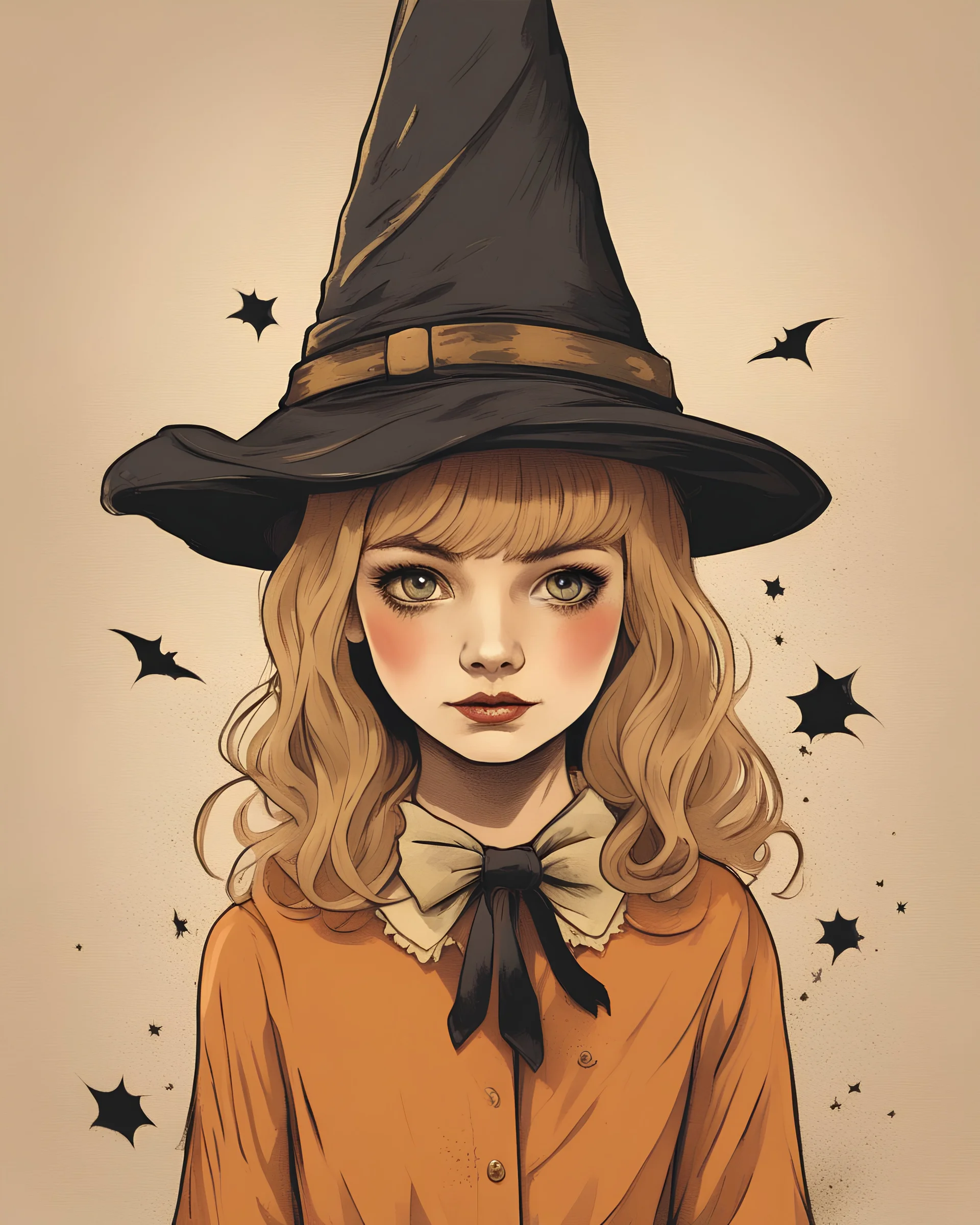 Get ready for a spooky adventure with this interesting, portrait of a wizard hat Halloween vintage girl, and all with a hint of horror and mischief, perfect for a Halloween vibes to any surface