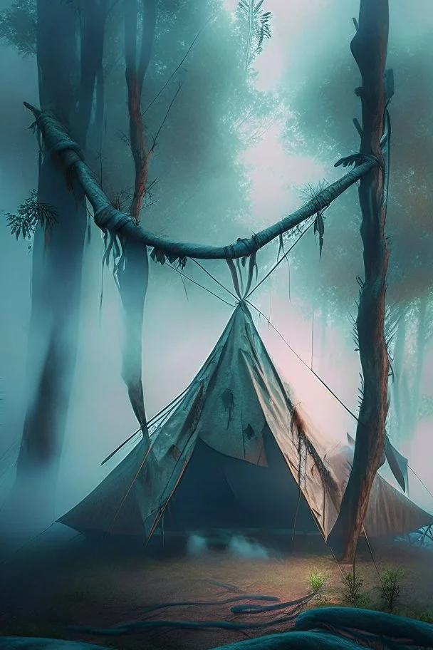 tent hanging in ropes, prehistoric forest, trending art, 8k, depth of field, volumetric fog, hi detail, spray paint