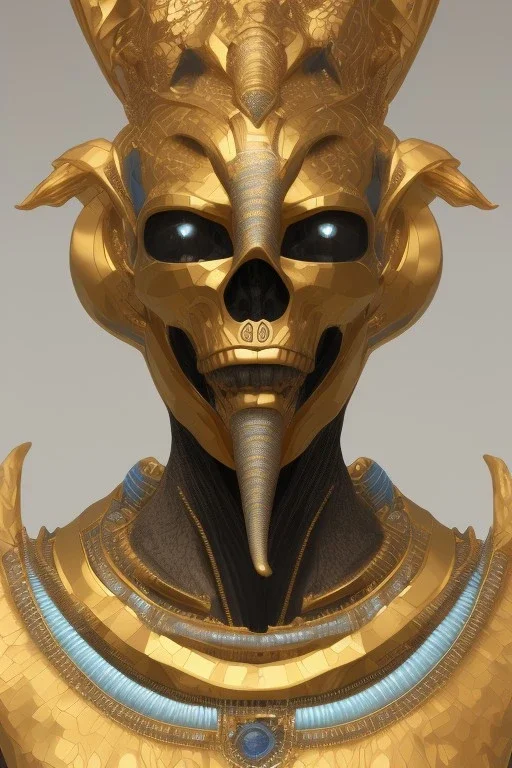 shiny black male African Egyptian alien, cracks in the voodoo head, wicked, eyes, crown, Elephant, 8k, finely detailed, photo realistic, tiger turquoise skull head gold dragon space alien snow skeleton gold fang teeth silver crown silver eyes