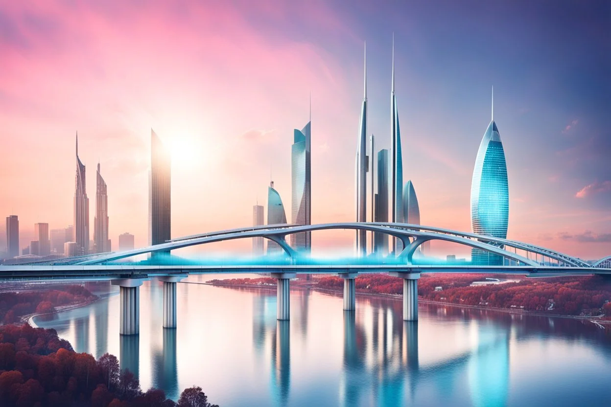 Dreamlike Skyline of Downtown futuristic hightech city in 4050 and a stunning futuristic Bridge During Sunlight with dark grey clouds in sky, over the azur-silver color river, cold colors, come storm, high detalied, sci-fi, landscape