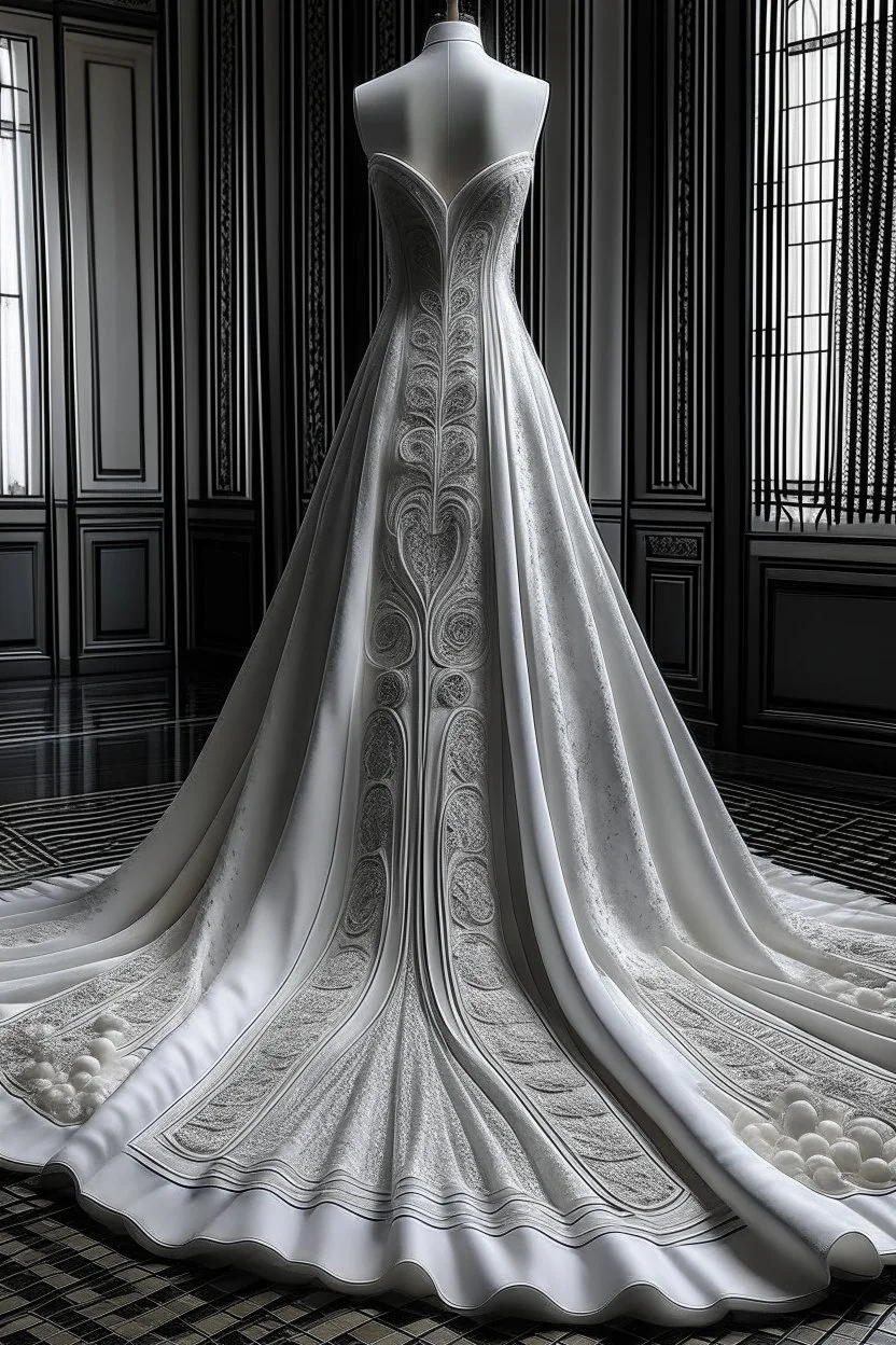 A very luxurious white wedding dress exposed from above made of leather engraved with very long