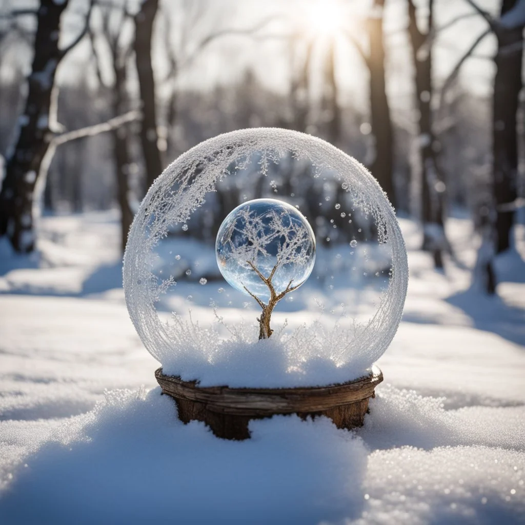 Frozen bubble in front of a snowy landscape, the bubble has wonderful icecrystals and the sun is shining, frozen, cold outside, swirley golden and silver lines, beads and pearls cover a tre trunk in the background