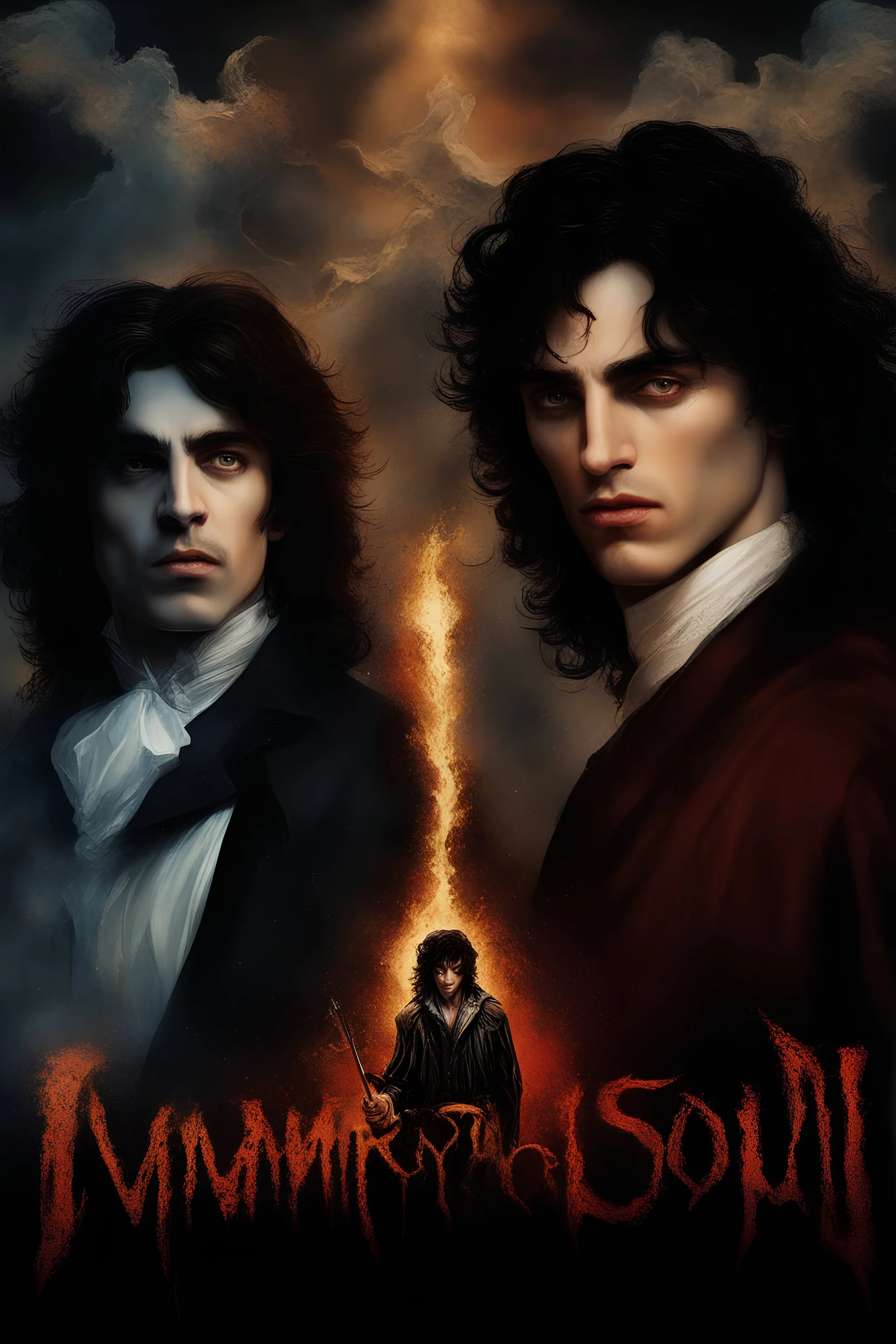 Movie Poster -- "Immortal Soul," Starring Paul Stanley as the evil vampire and Timothee Chalamet as Malcolm Stark - After witnessing the murder of his wife, at the hands of an evil vampire, he vows to avenge her death - in the art style of Boris Vallejo, Frank Frazetta, Julie bell, Caravaggio, Rembrandt, Michelangelo, Picasso, Gilbert Stuart, Gerald Brom, Thomas Kinkade, Neal Adams, Jim Lee, Sanjulian, Thomas Kinkade, Jim Lee,