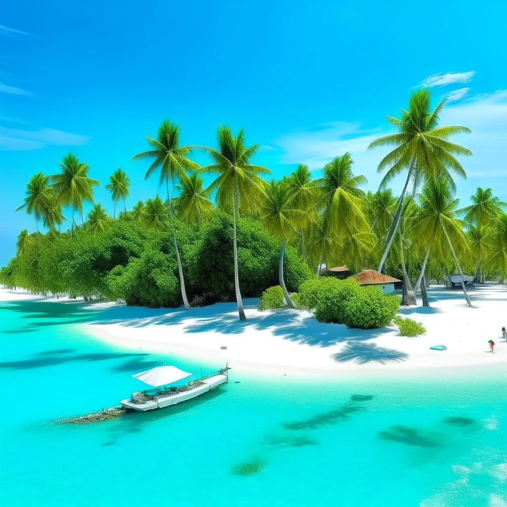A pristine tropical island with palm trees, speed boats, crystal-clear turquoise waters, and a deserted white-sand beach.