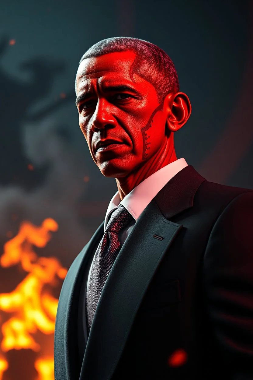 President Obama, red skin, scales, unreal engine 6, high detail, intricate, cinematic. photoshoot style, intricate, studio lighting, masterpiece , highly detailed, 8k, best quality, fire, smoke, dramatic,d,<lora:mshn:0.7>,<lyco:Warrior_Couture:0.5>,