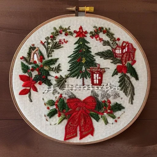 exquisite whimsical christmas in embroidery hoop, intricate, highly detailed, linen and wood backdrop