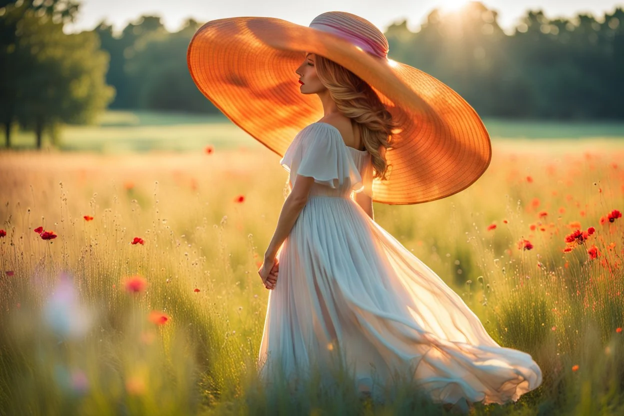 A young woman, elegantly adorned in a big summer hat and a flowing dress that matches the vibrant hues of the surrounding meadow, stands confidently in the center of a vast field. Her eyes are closed, a gentle smile playing on her lips as she feels the warm embrace of the sunshine and the tender kiss of a soft summer breeze. The meadow is a canvas of harmony, painted with a dazzling array of wildflowers that dance and sway in the little wind. The blue sky