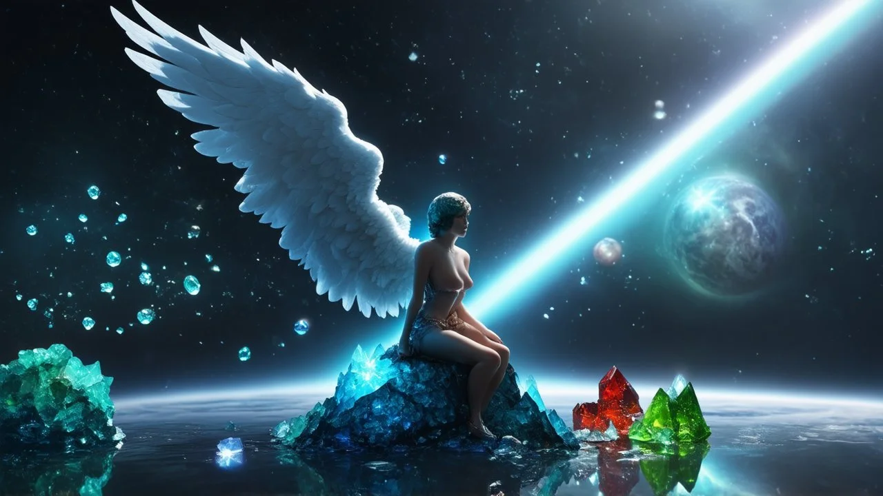 angel with a wings siting on the blue monolith made of blue tiberium crystals of lights, matrix universe, planets on the back grounds, green, red crystals of tiberium on the life and right