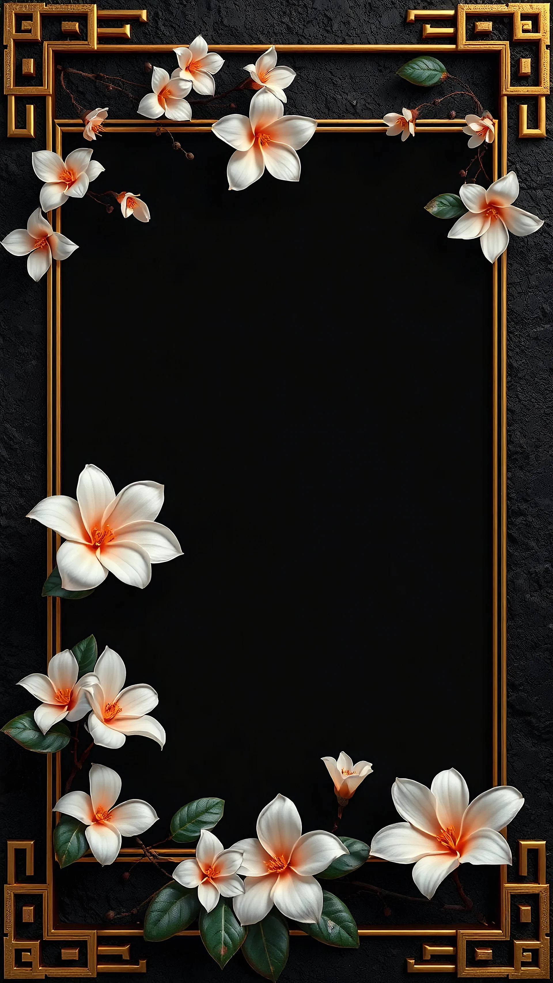 Dark earthy frame background with jasmine flowers and gold accents with ample empty space inside the frame in oriental artist style, photo, 3d rendering, poster, cinema