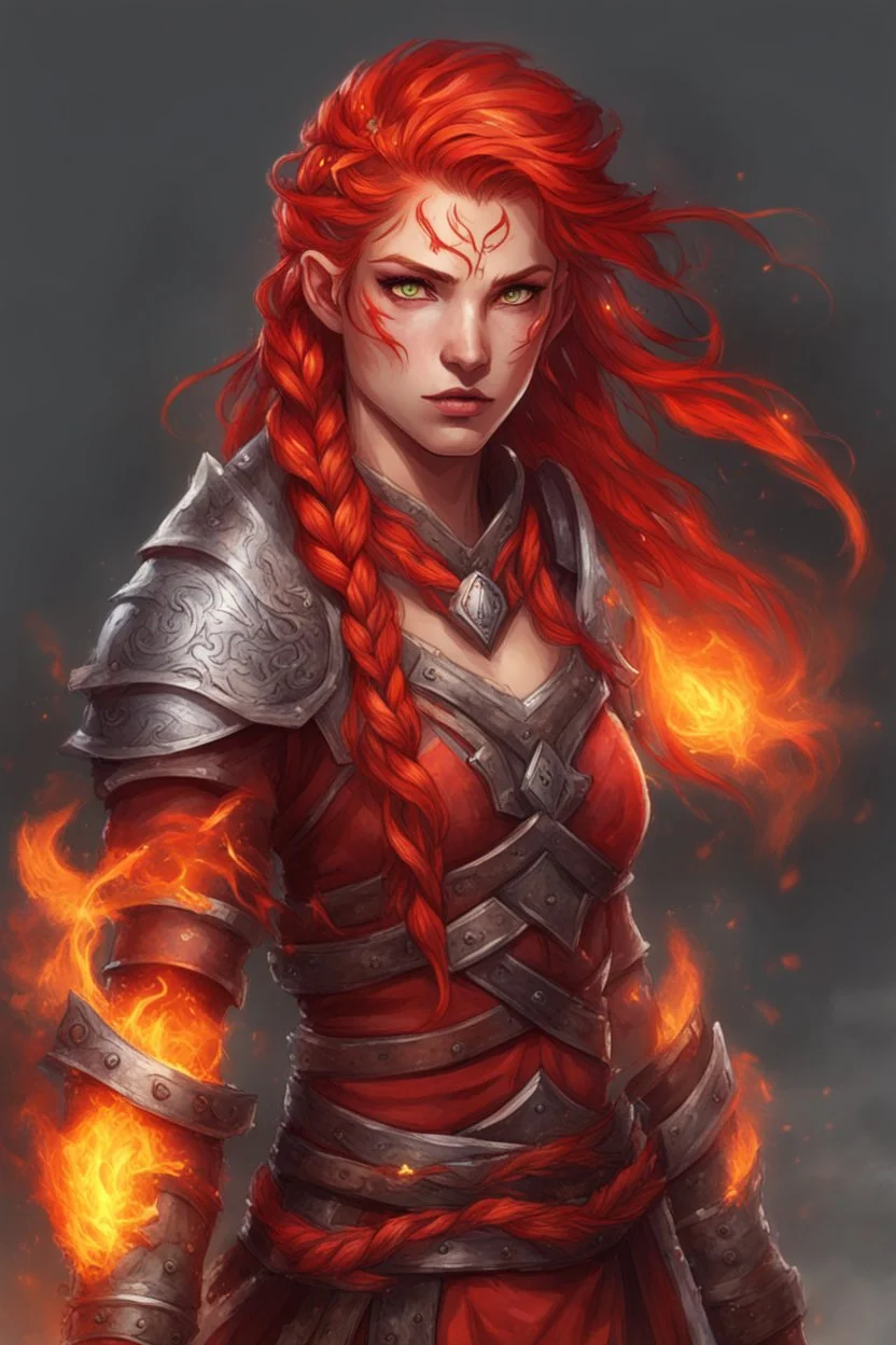 Female paladin Druid. Hair is long and bright red. It has some braids and looks like it is on fire. Eyes are noticeably red color, fire reflects. Makes fire with hands. Has a big scar over whole face