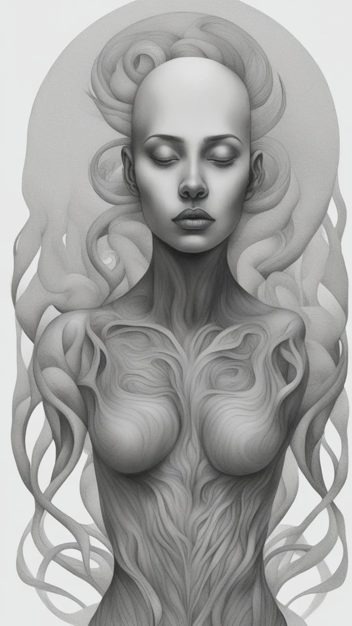 𝙋𝙧𝙤𝙢𝙥𝙩 highly detailed graphite illustration, A surreal a beautiful woman figure with exaggerated anatomical features, and an intense, contemplative expression. bald head, thick eyebrows, long beard merge into swirling abstract shapes. Large, expressive hands, one covering the mouth and the other gripping the forehead tensely. Mysterious, introspective, dreamlike, somewhat dark fantasy. #𝙙𝙧𝙚art #prompt