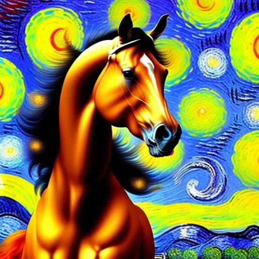 Dibujo al oleo de un caballo con nubes de colores estilo Vincent van Gogh