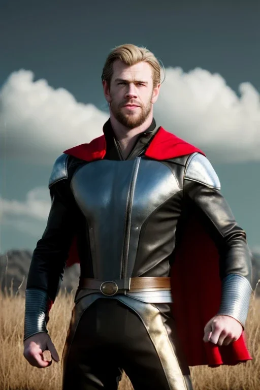 retro portrait image from 1960, sky background, wind, long blonde hair, fighting stance, young Chris Hemsworth, shave face, black dress, classic long tight lycra black suit, red cape, gold bracelet and belt, high boots, soft color, highly detailed, unreal engine 5, ray tracing, RTX, lumen lighting, ultra detail, volumetric lighting, 3d, finely drawn, high definition, high resolution.