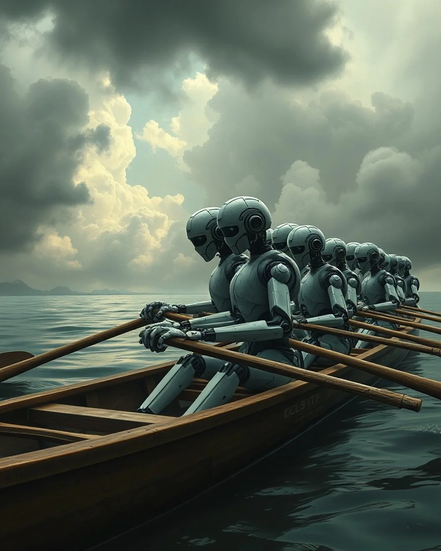 Bosch painting style, nightmare , an Ai robots sitting lined up in line one after another holding The boat's oars and rowing it , great quality picture with cinematic scenes , heavy clouds in the background