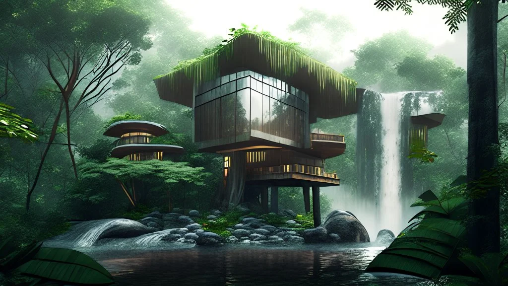 modern house by a big water falls in a karstic montain rain forest, idea en construccion in the style of mucha