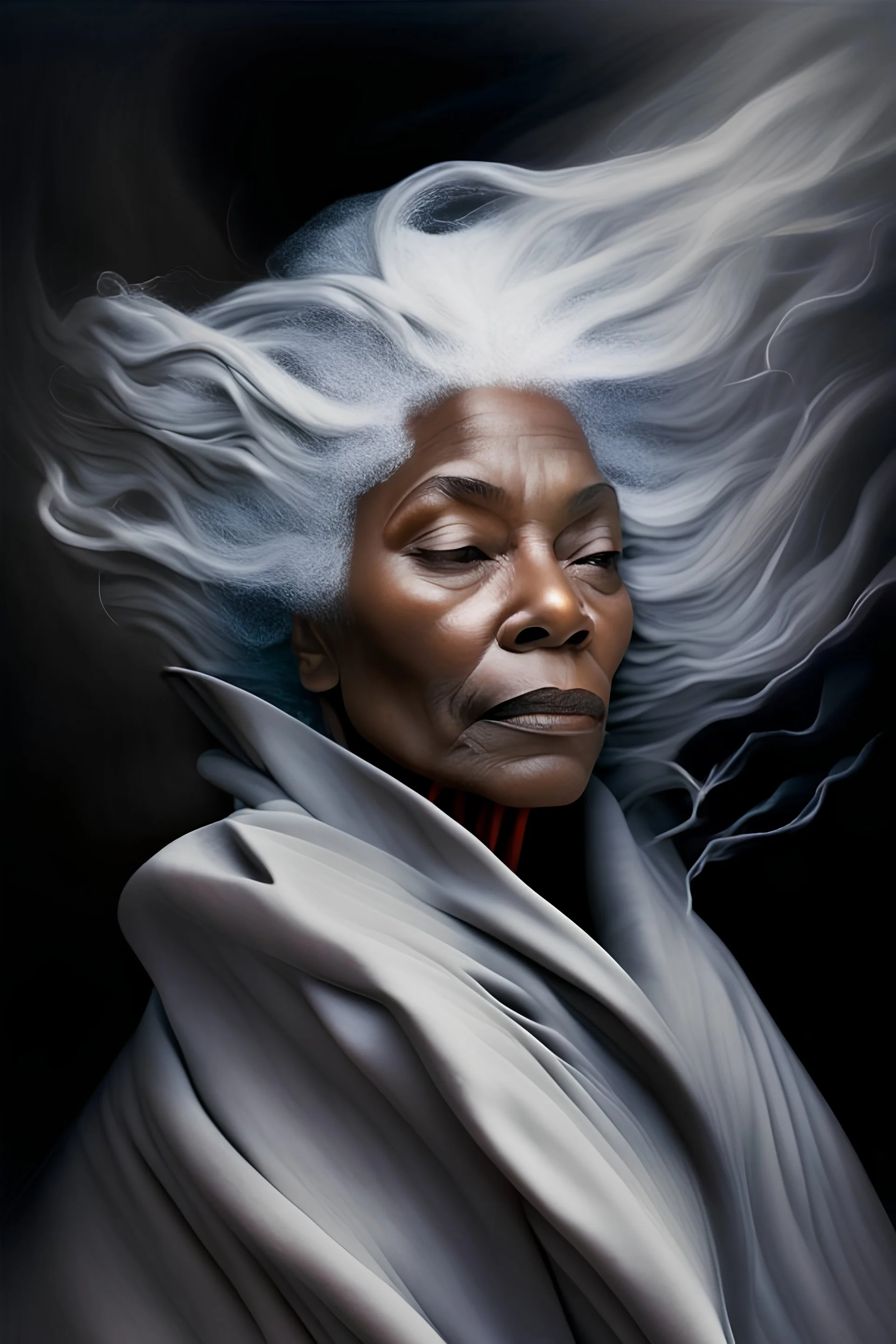 a African American woman with grey flowing airy hair and grey flowing robe, in style of Alfred Stieglitz, contemporary portrait of a mature yet beautiful and modernist woman, soft feminine face, swirling fluid smokey enigma, award-winning artwork, hyper realistic, lighting