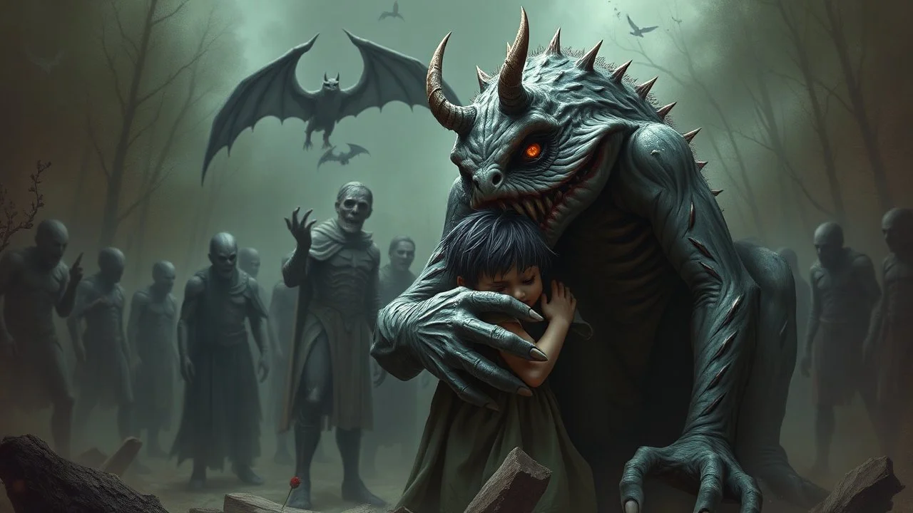 gentle, protective monster protects and hugs the alone sad child against bad tall dangeouros evil people, random background , highly detailed, weird , surreal mood