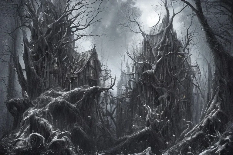  Wednesday Adams, black and white, tall narrow scary house , pointy roof, cursed trees , dense dark forest, forest background, spiders, bats, bones, Escher style