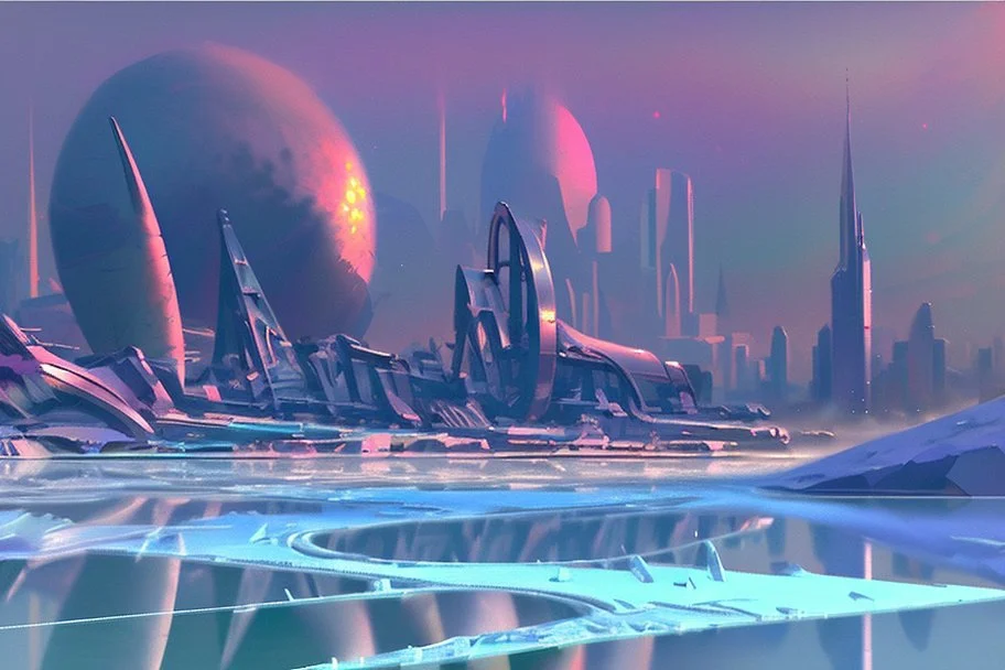 Science fiction city near frozen lake, impressionism painting