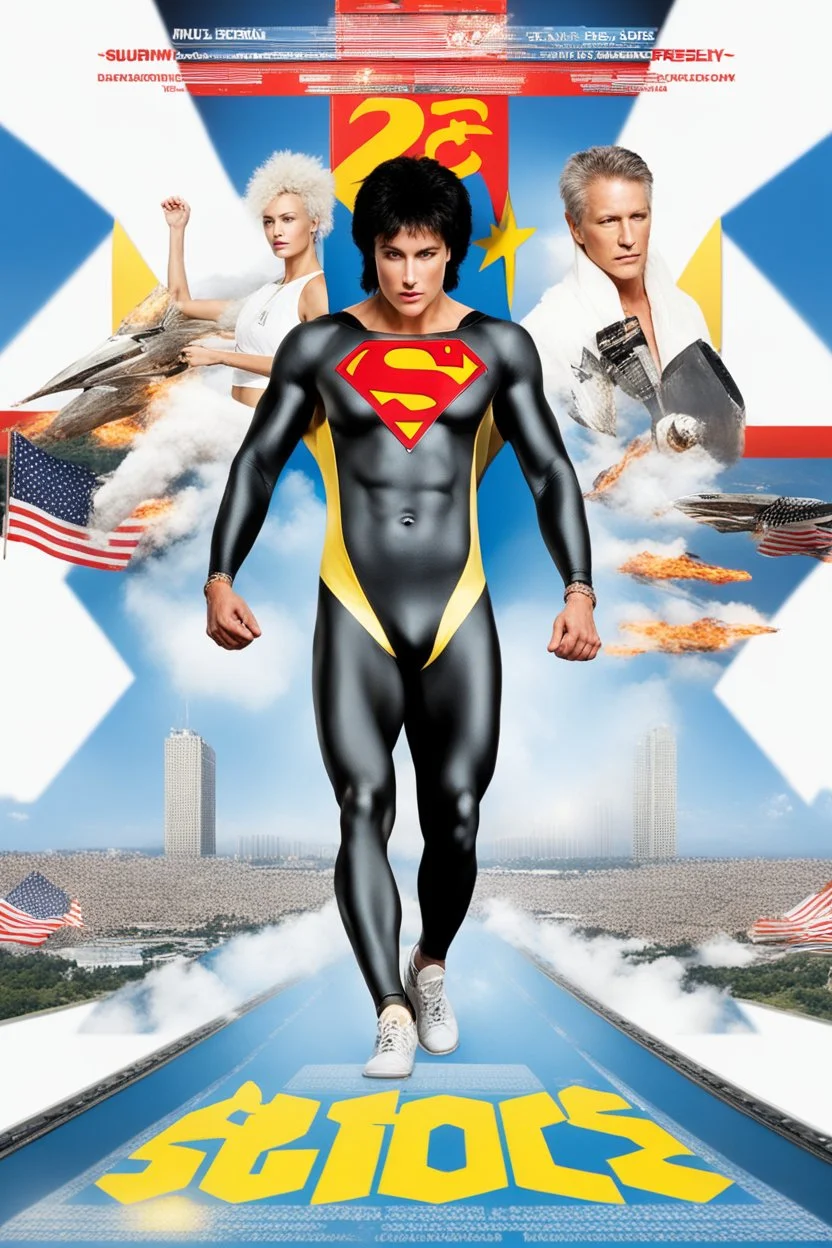 20-year-old girl, extremely muscular, short, buzz-cut, pitch black hair, Paul Stanley/Elvis Presley/Keanu Reeves/Pierce Brosnan/Jon Bernthal/Sean Bean/Dolph Lundgren/Patrick Swayze/ hybrid, as the extremely muscular Superhero "SUPERSONIC" in an original patriotic red, white and blue, "Supersonic" suit with an America Flag Cape,