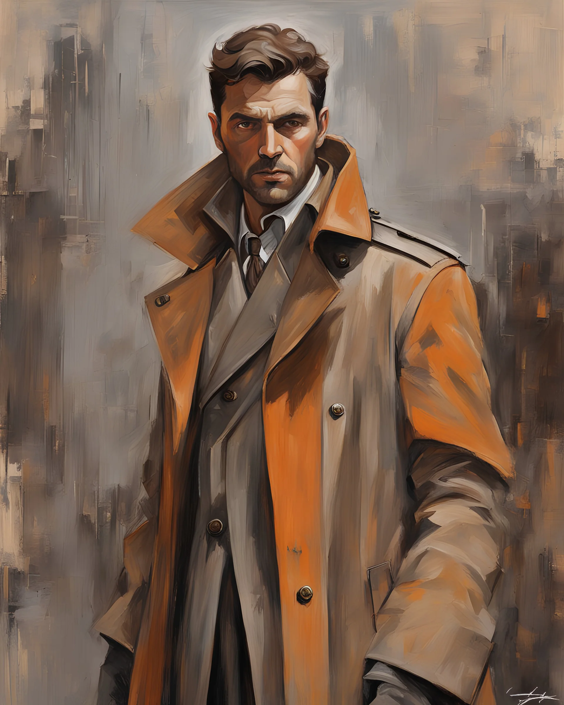 a painting of a man in a trench coat, artgram, orange, brown and grey color scheme, reduce character duplication, epic, detailed color scan,