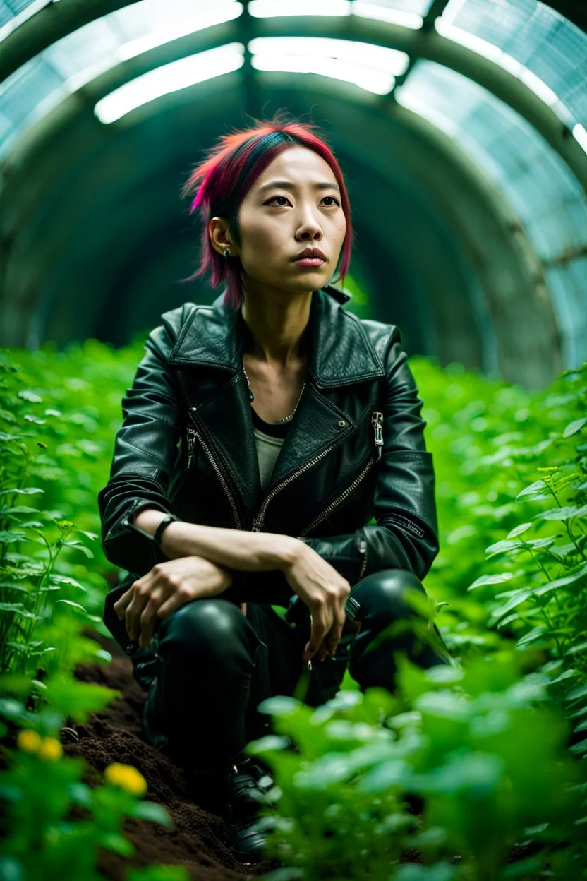 Unground solar punk tunnels, cinematic, dof background a, dystopian, sci-fi, award winning, Yui in a garden, National Geographic, breath taking, oxygen farm