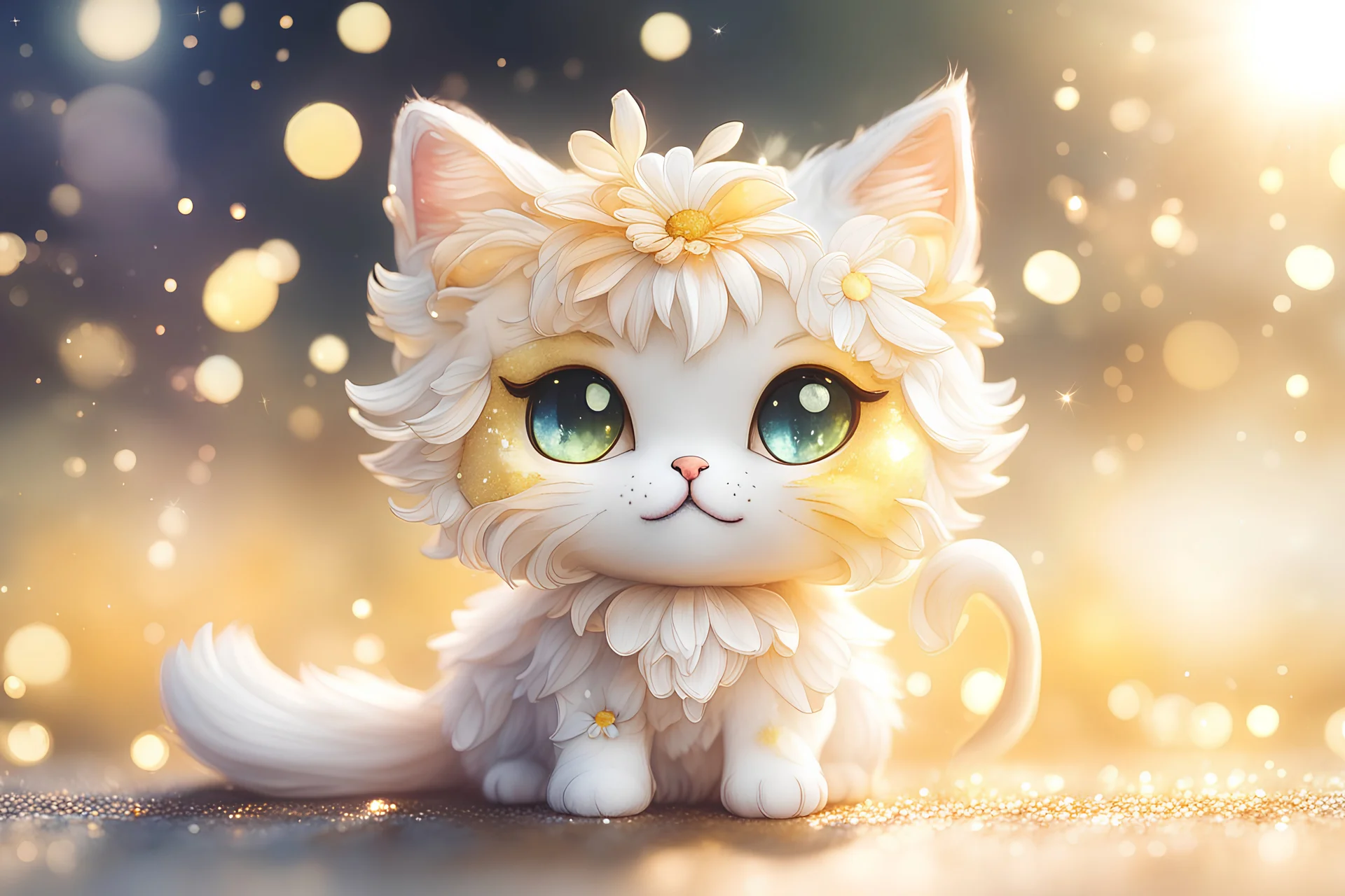 cute chibi daisy cat in sunshine, watercolor and black ink outlines, sparkling golden glitter, ethereal, cinematic postprocessing, bokeh, dof