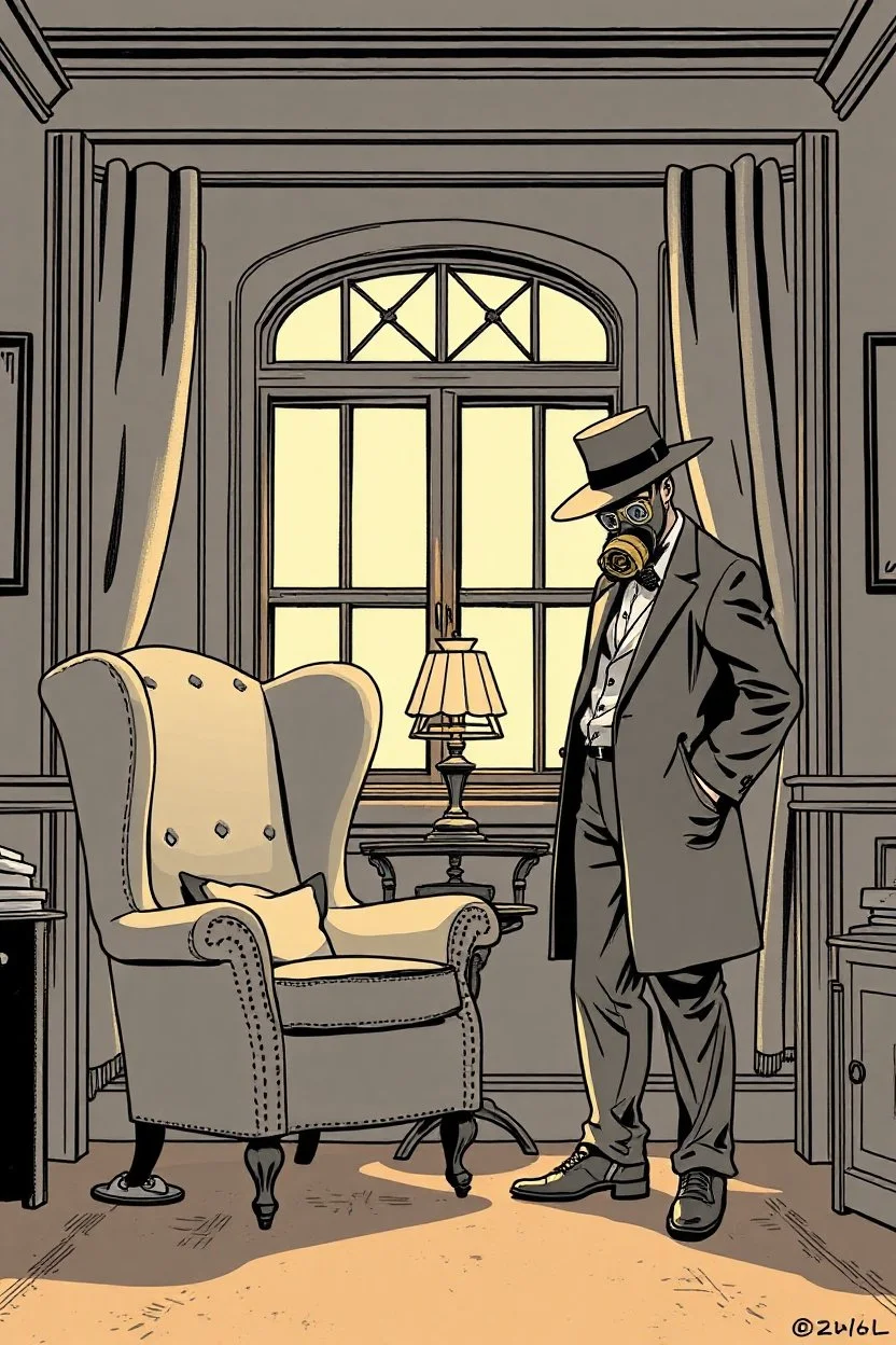 wingback chair and a small table with lamp, with a man standing beside wearing a gas mask and wide brimmed flat top hat, elevated downward perspective, window at rear, graphic novel