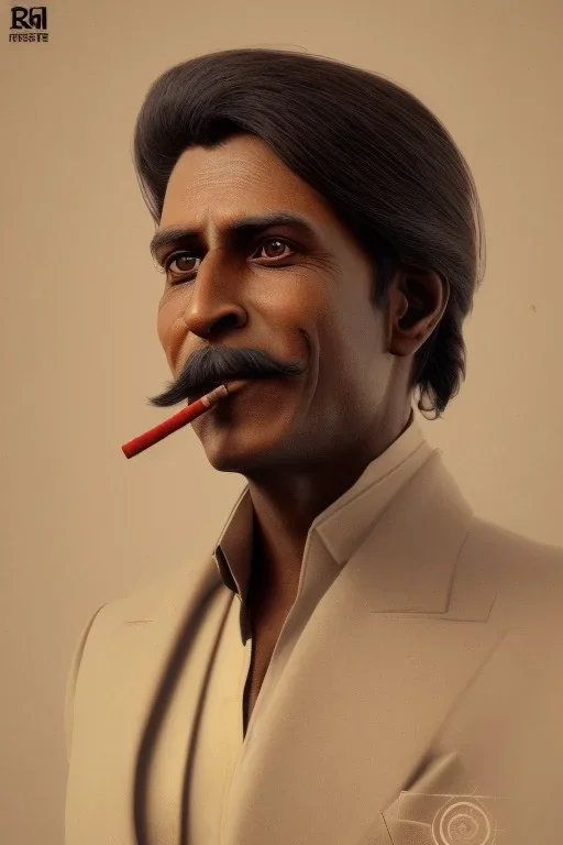 a portrait of dashing dude from rajasthan india holding a cigarette in hand, cyborg , incredibly sharp, detailed, cinematic, vintage