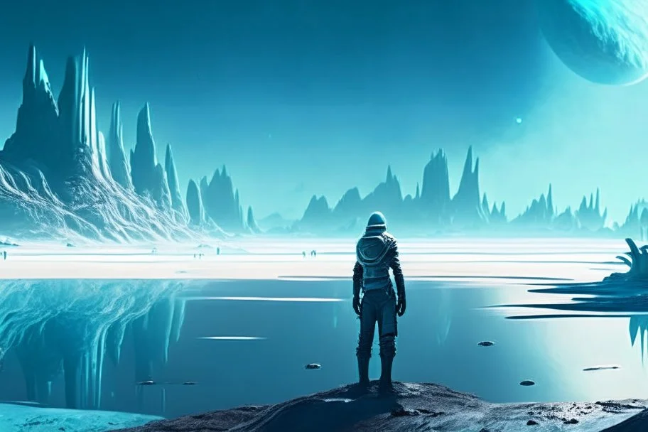 alien landscape with person seeing a grey exoplanet in the horizon, lagoon, ice blocks, sci-fi, concept art, cinematic, very epic