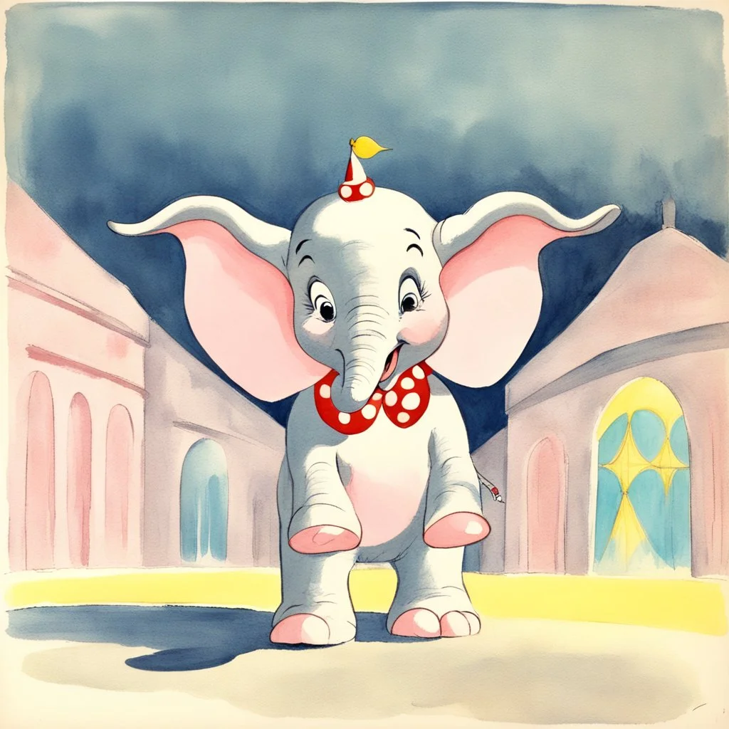 1940s animation art of Dumbo, a baby circus elephant with abnormally large ears that allows him to fly, surreal scene, pink parade of elephants, conceptual art, watercolor paint, early salt disney animation, hand drawn, modernist cute, Mary Blair, Harold Pearl, over exaggerated cartoonist