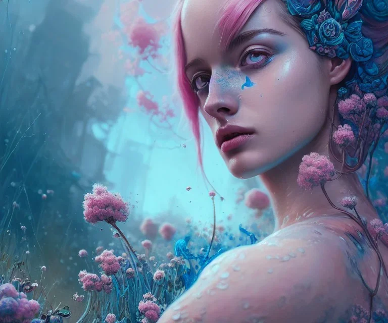 Insanely detailed photography of head and shoulder or a young beautiful woman, intricate and hyper detailed painting by Ismail Inceoglu Anna Dittmann and Alexander Fedosov CGSociety ZBrush Central fantasy art album cover art 4K 64 megapixels 8K resolution HDR. Background garden, water, blue, pink