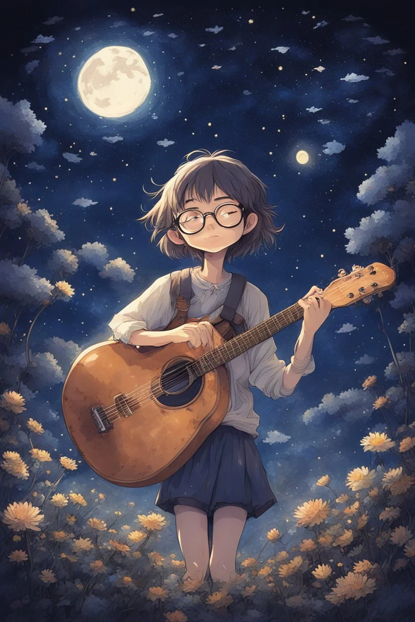 Under a starry night sky, the girl with glasses strums his guitar, his music echoing in the peaceful ambience of the Ghibli style anime night, intricately hand-drawn for a magical effect.