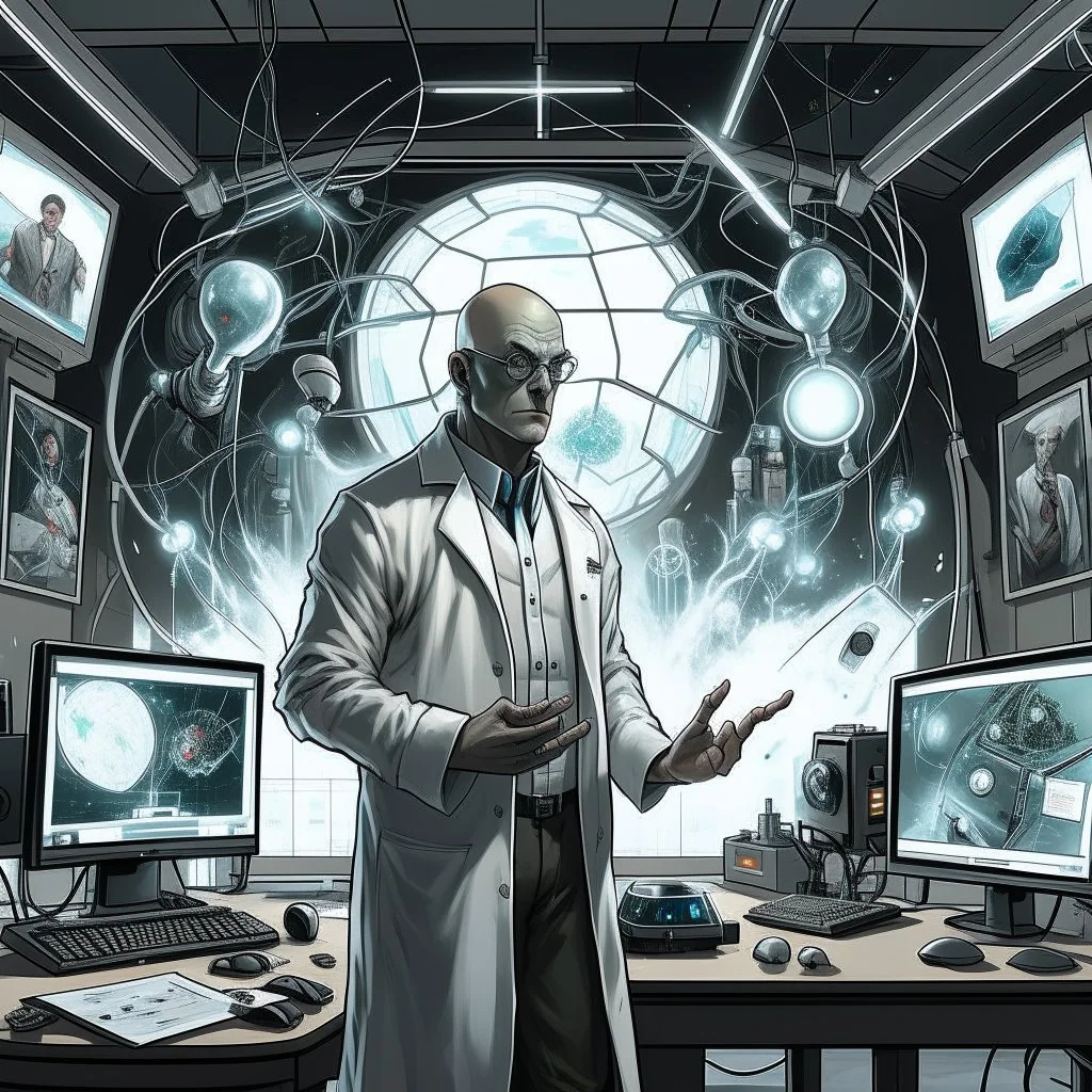 CGI gritty superhero movie still, fantastical Portrait of a smug super-villain in a lab-coat, extended bulbous frontal lobe bald head with a several different sized futuristic tech devices implanted randomly in his oblong head, super-villain, surreal, Marvel aesthetic, background is a mad-scientist's lab with formulae scrawled on a giant white-board