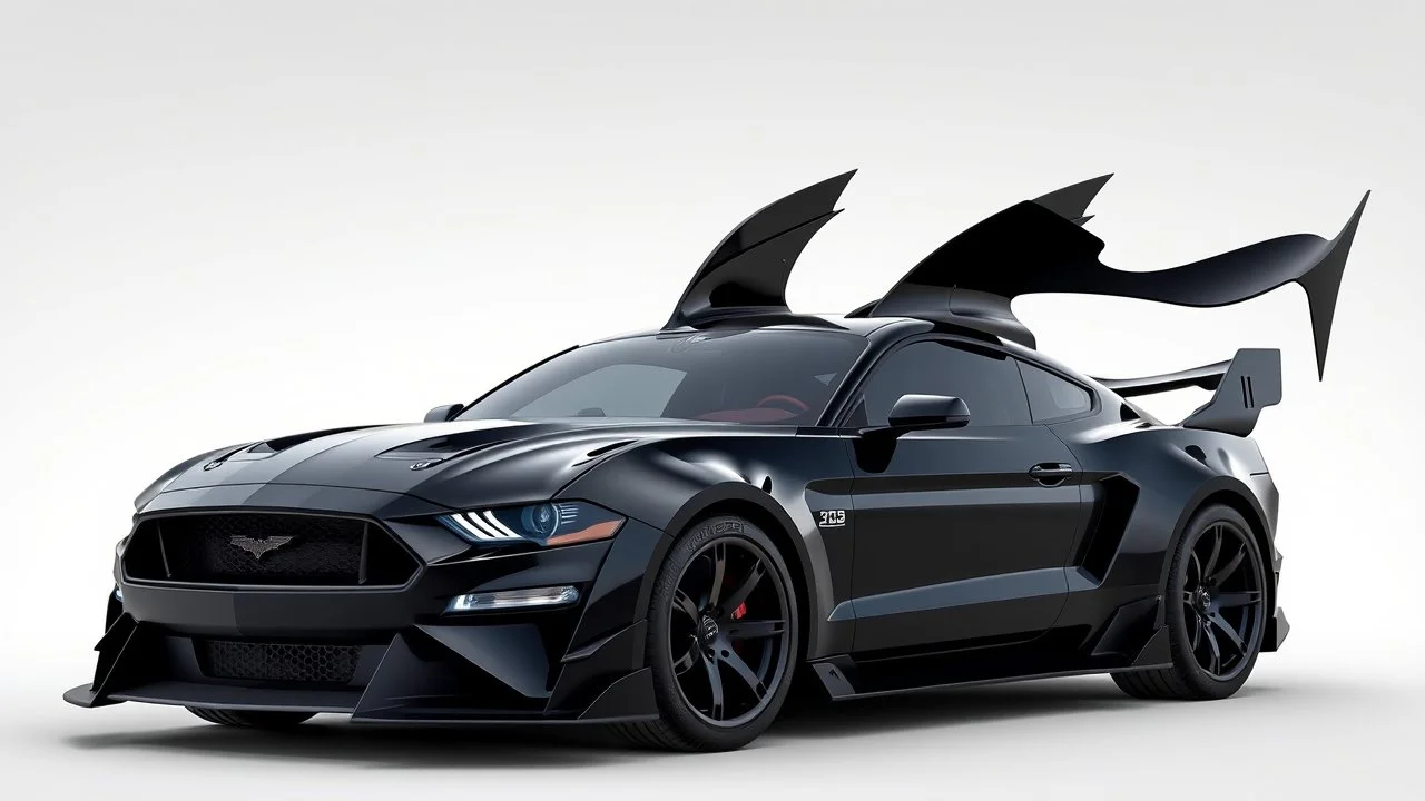 batmobile concept inspired from a black 2025 ford mustang dark horse with a large elaborate spoiler and batwing style fins