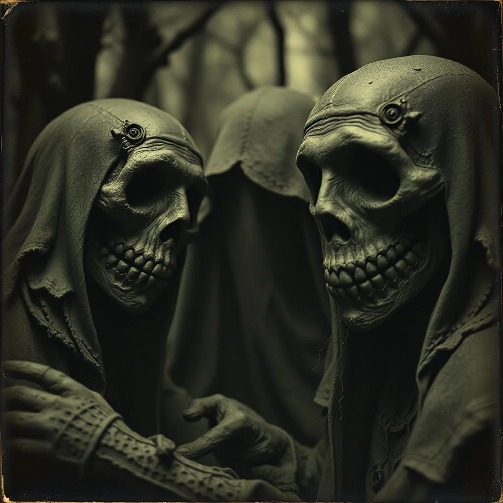 Daguerrotype close up of some mysterious figures, odd background, cinematic, Hieronymus Bosch, Max Ernst vegetal life, rotten, ambient light, ghost, cry