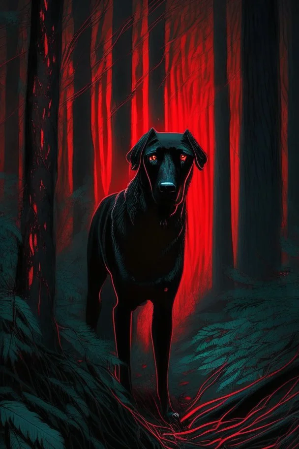 in the style of William Adolphe Bouguereau, a monstrous black hound with red, glowing eyes in a dark forest