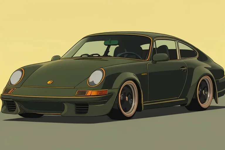 a true-to-life dark yellow porsche 964, wide-body, pandem, rocket bunny, carbon fibre, drift car, tuner wheels and rims, ultra realistic, professional artwork, concept art, dark background, extreme detailed, 8k, sharp focus, centered camera, pivot on porsche, art by shiro nakamura