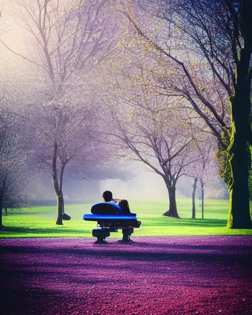 park mystical dream, park bench, man, woman, child, dog, pretty blue and purple trees, blue path, bird, jogger, sunshine, mystical, fantasy, romanticism, cinematic, cinematic lighting, award-winning, beautiful colors, daylight, daytime,