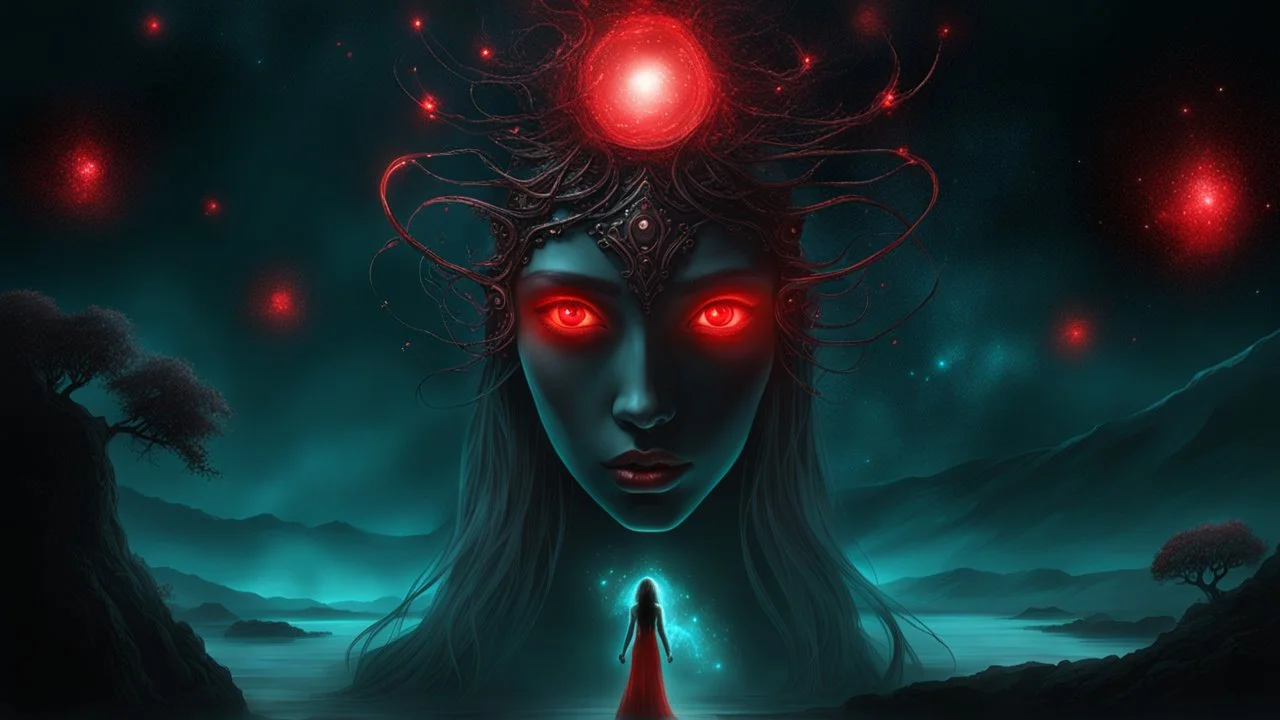 dark fantasy, bioluminescent goddess, ominous atmosphere, sparkles, red eyes, world of wonders scenario