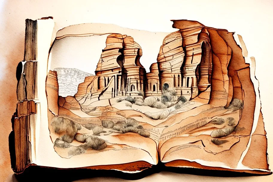 Petra Landscapes Carved Into Books S<AI watercolor and ink, sepia