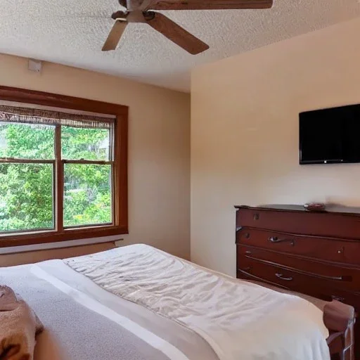 Bedroom with the bed next to the window with wooden frames, tv is next to the closet, nightstand is next to the bed