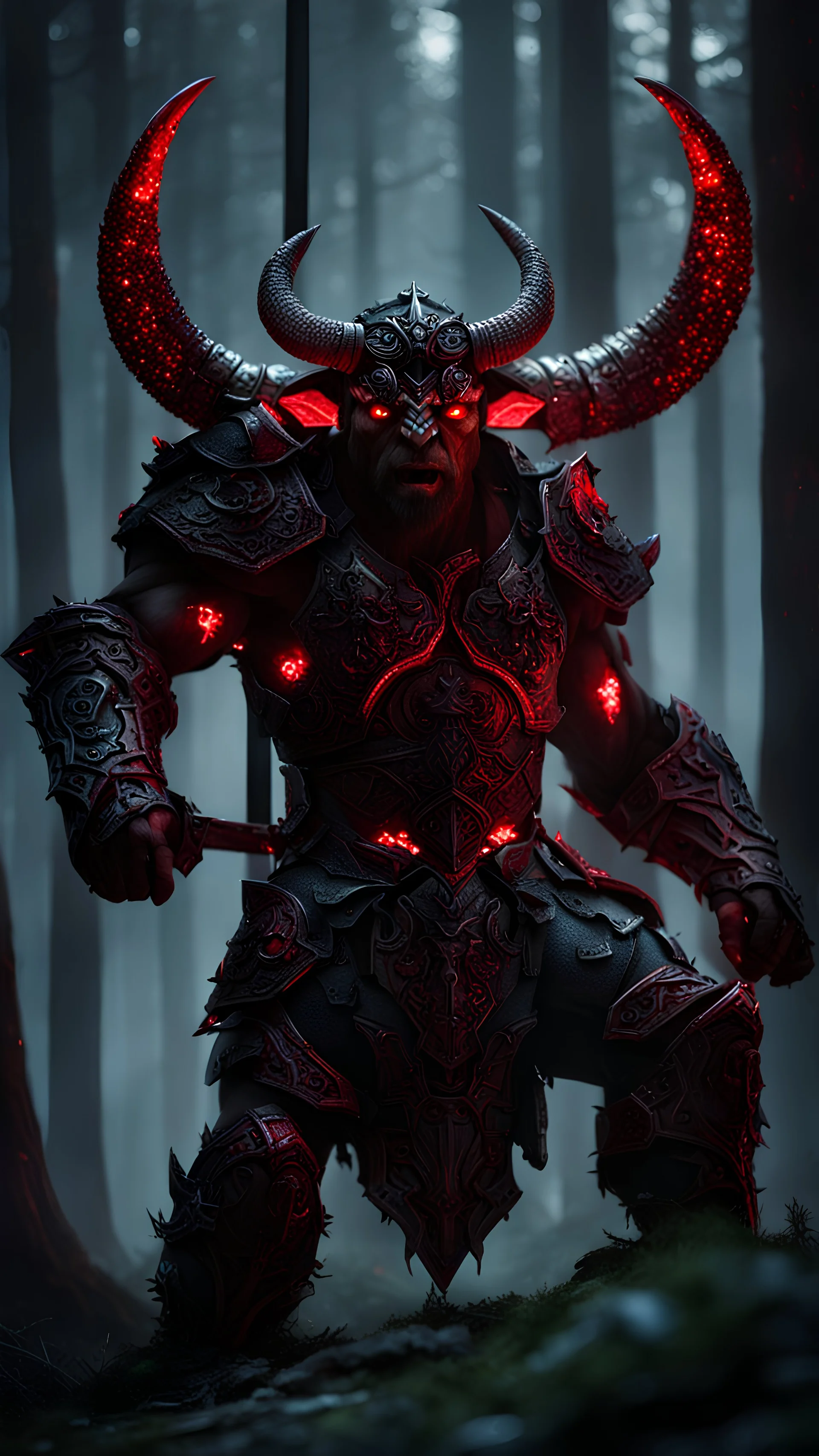 dark fantasy, close up minotaur, armored, intricate details, insane details, volumetric lighting, ominous atmosphere, ominus lights, spectral atmosphere, red sparkles, woods scenario