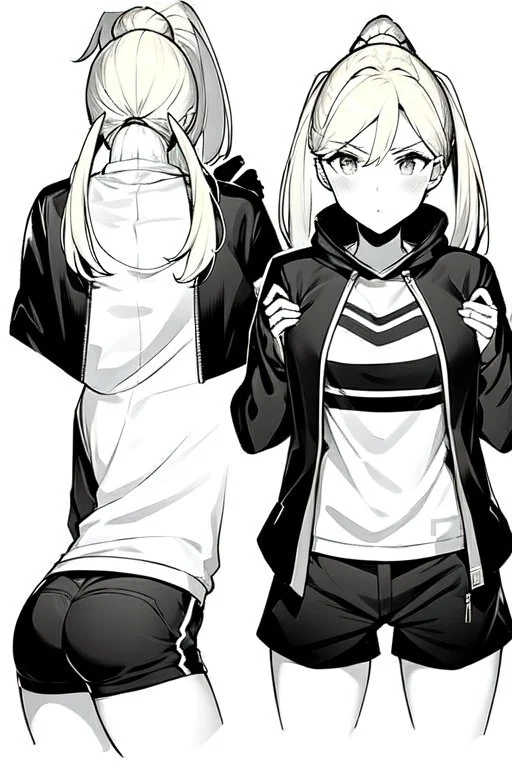 blonde girl with ponytails dressed in a jacket and shorts walks briskly, front view, greyscale