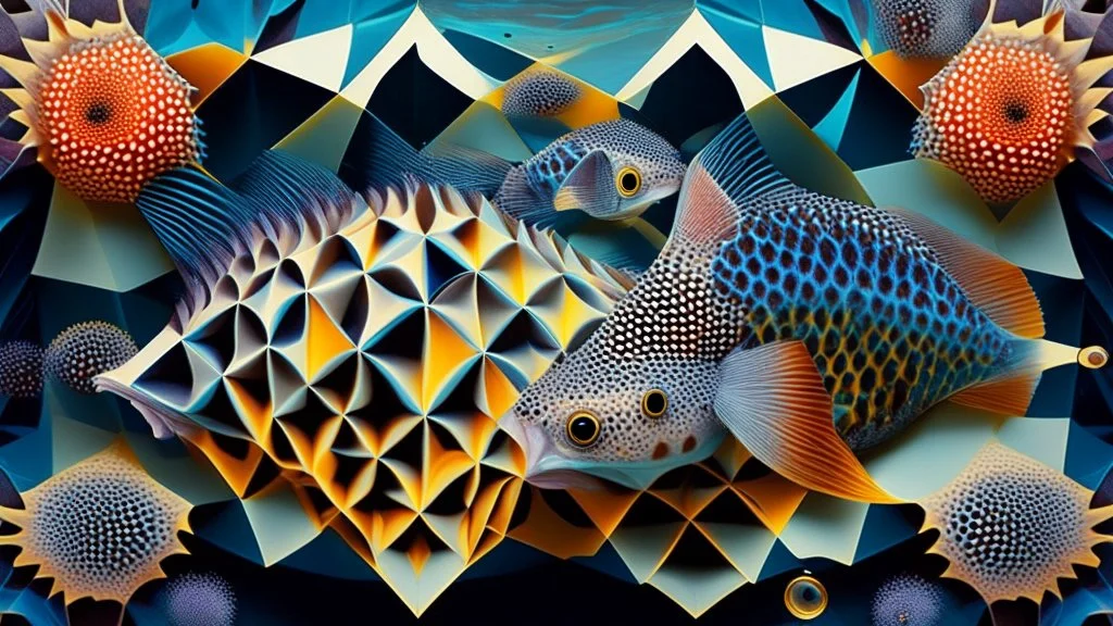 Tessellation, a repeated geometric fish that covthe unexpected, strange, extreme meeting of the little mole and the hedgehog with their love child, bizarre, collage, conceptual arters a surface